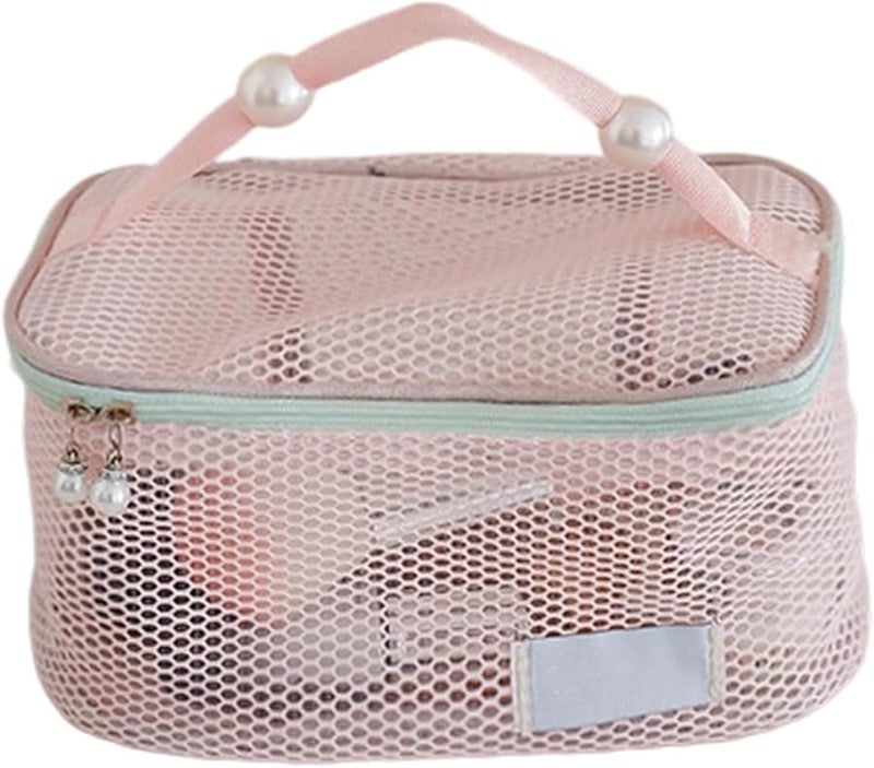 Pink Large Capacity Travel Toiletry Organizer Breathable Mesh Cosmetic Storage Bag with Zippers - Image 1